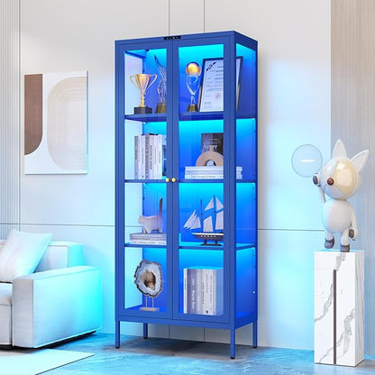 Glass Display Cabinet with Glass Doors, Metal Curio Cabinet with 8-Color LED Lights, 66 Inch Tall Display Case for Collectibles, Blue Storage Cabinet for Living Room, Assembly Required