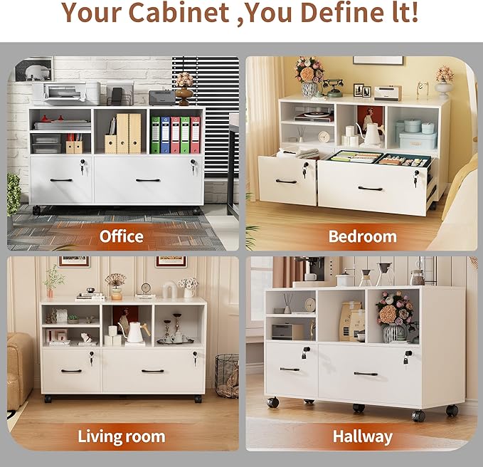 Semoic 2 Drawer Mobile Lateral File Cabinet with Lock, Lockable Wood Filing Cabinet with Open Storage Shelves, Printer Stand Office Storage Cabinet for Home Office Fits Files Legal/A4 Size, White