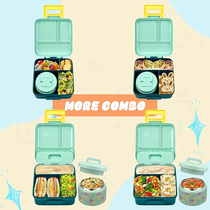 Bento Lunch Box for Kids with 8oz Soup Thermo Leak-Proof Lunch Food Containers with Snack Sauce Container for Kid Girls Boys to School (Yellow Mermaid)