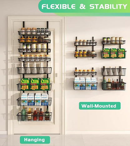 Over The Door Pantry Organizer, Pantry Organization and Storage, 8-Tier Deep Baskets Hanging Heavy-Duty Metal, Wall Spice Rack Seasoning Shelves for Home & Kitchen, Laundry Room Bathroom, Black