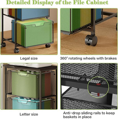 Letter/Legal Rolling File Cart with 2 Storage Drawers, Under Desk Storage, Vertical Filing Cabinet for Home Office, Hanging File Folders Organizer, Mobile Utility Cart Printer Stand, Black