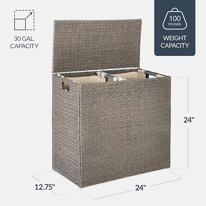 Best Choice Products Large Double Laundry Hamper with Lid, Natural Handwoven Water Hyacinth, 2 Sections w/ 2 Machine Washable Linen Liner Bags, Portable, Handles - Gray