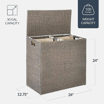 Best Choice Products Large Double Laundry Hamper with Lid, Natural Handwoven Water Hyacinth, 2 Sections w/ 2 Machine Washable Linen Liner Bags, Portable, Handles - Gray