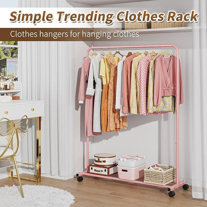 Simple Trending Standard Clothes Clothing Garment Rack with Storage Shelves, Rolling Clothes Organizer on Wheels for Hanging Clothes, Pink