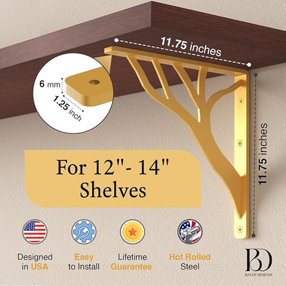 Rustic Tree Brass Heavy Duty Shelf Brackets 12 inch by Balin Designs, Gold Decorative L Brackets, Iron Metal Floating Shelf Bracket, Wall Mount Shelving Bracket, Included Hardware, Set of 2
