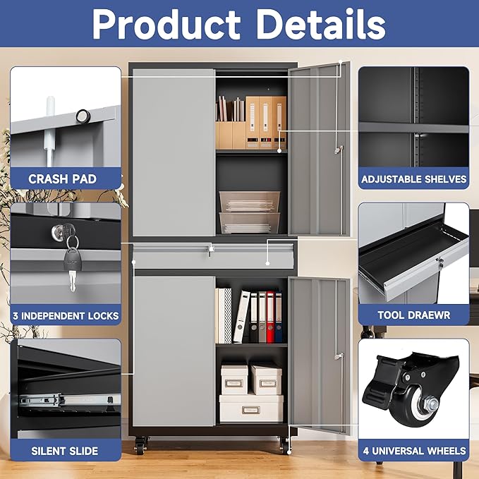 Metal Garage Storage Cabinet with Wheels, 73" Lockable Storage Cabinet with 2 Adjustable Shelves and 1 Drawer for Garage, Utility Room, Warehouse (Black Grey)