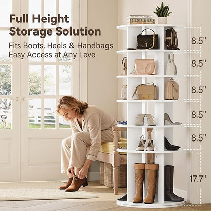 YESHOMY 6-Tier Rotating Shoe Rack Tower, 360° Spinning Vertical Shoe & Handbag Organizer with Lazy Susan Base, Space-Saving Storage for Closet, Bedroom & Entryway, White