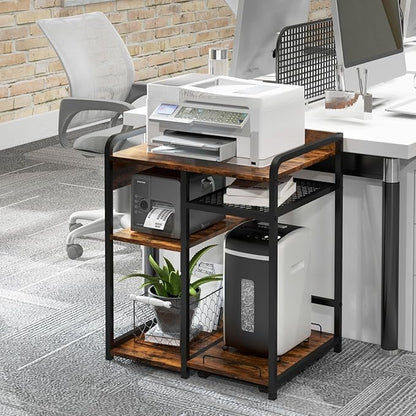 Livofloral Large Printer Stand for Home Office, 23.6 x 18.9 Inch Printer Stand with Power Outlet USB Port, Printer Table with Storage Shelf, Printer Shredder Stand with Wheels, Rustic Brown