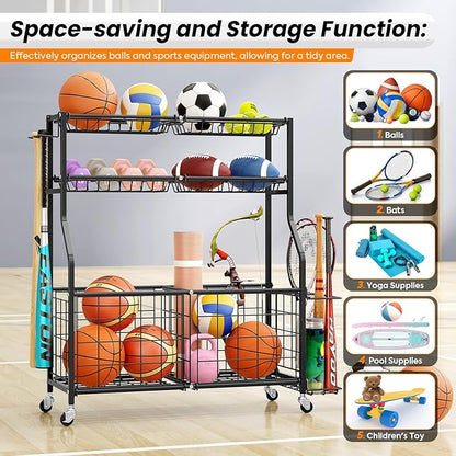 TOOLF Garage Sports Equipment Organizer with Ball Rack & Basket, Heavy Duty Workout Storage Cart for Gym Equipment, Outdoor Toy Organizers, Black