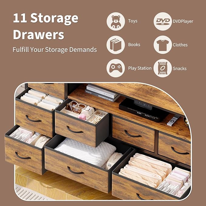 11 Drawer Dresser for with Power Outlets and LED Lights, 63 Inch TV Stand for 65, 70 Inch TV, Entertainment Center with Storage, Wide Chest of Drawers with Open Shelves for Living Room, Bedroom