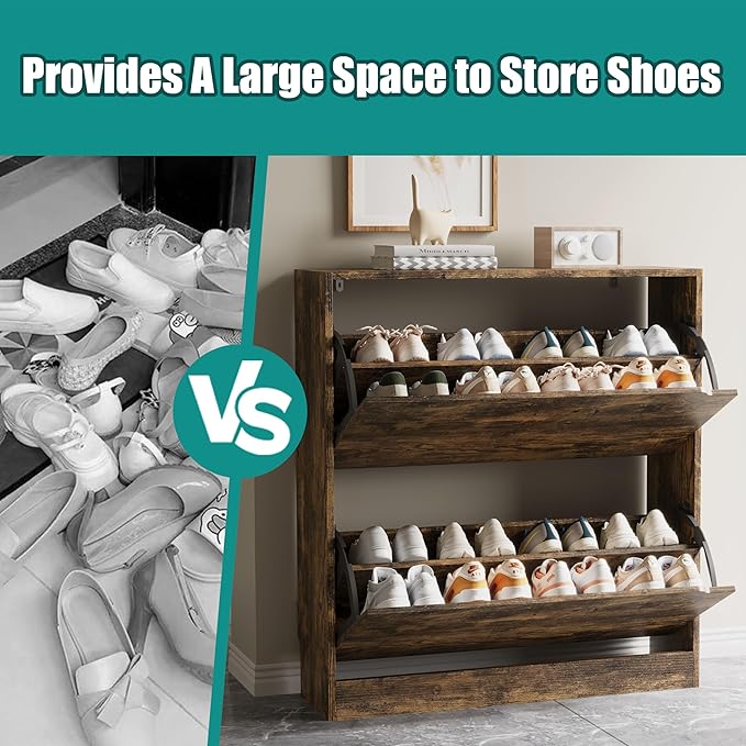 Shoe Storage Cabinet for Entryway with 2 Flip Drawers, Sturdy Wood Hidden Shoe Storage, Freestanding Narrow Slim Shoe Organizer for Front Door Entrance, Living Room, Hallway, Bedroom, Brown
