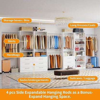 Closet System with 4 Sets, 8FT Closet Organizer Systems with 9 Wooden Drawers 9 Shelves & 5 Hanging Rods, Walk in Closet freestanding Small Corner Modular Closet Storage System White (8FT)