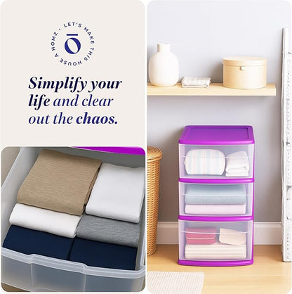 HOMZ 2-Pack Drawer Tower, 3-Tier Clear Plastic Storage Organizer Cart, Purple Frame - Organizing Containers with Wheels for Home, Bathroom, Bedroom, Office, and Classroom