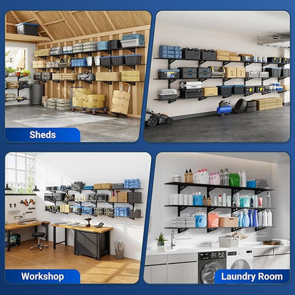 FLEXIMOUNTS 2 Pack 3-Tier 1x4ft Garage Storage Wall Shelving, 12x48inch per Shelf Height Adjustable Floating Shelves, Heavy Duty Wall Mounted Shelve, 1200lbs Weight Capacity, Black, Classic Series