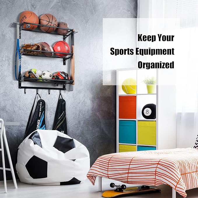 XCSOURCE Garage Sports Equipment Storage Rack with 3 Separate Shelf, Ball Rack, Sport Equipment Organizer with 4 Hooks for Badminton Racket, Basketball Rack for Basketball Football Rugby