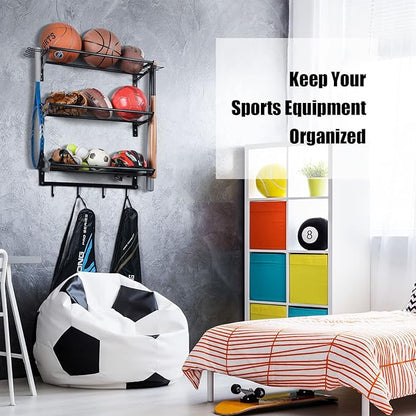 XCSOURCE Garage Sports Equipment Storage Rack with 3 Separate Shelf, Ball Rack, Sport Equipment Organizer with 4 Hooks for Badminton Racket, Basketball Rack for Basketball Football Rugby