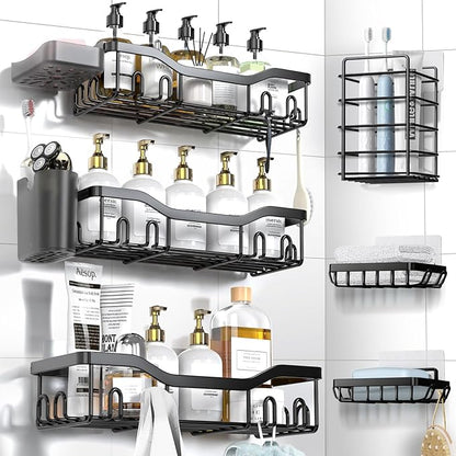 Shower Caddy Adhesive Shower Organizer 8-Pack, Rustproof Stainless Steel Bathroom Shelves, Large Capacity No-Drill Rack Storage Accessories with Soap Dish Toothbrush Holder Hooks