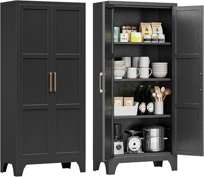 61"H Metal Pantry Cabinet with 2 Doors and 3 Adjustable Shelves,Food Storage Cabinet with Gold Handle for Kitchen,Dinning Room,Home Office,Living Room,Easy Assembly (Black,61"H x13.8"D x27.6"W)