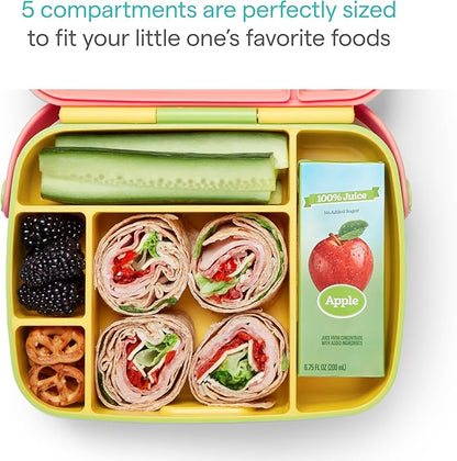 Munchkin Lunch Bento Box for Kids and Toddlers, Includes Stainless Steel Utensils, BPA-Free, 18 Months and Up, Pink/Green/Yellow
