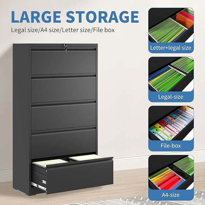 File Cabinets 5 Drawer,Metal Office Storage Filing Cabinet with Lock,White Lateral Filing Cabinet for Home Office,Horizontal Locking File Cabinet for Legal/Letter/A4,Assembly Require,Black