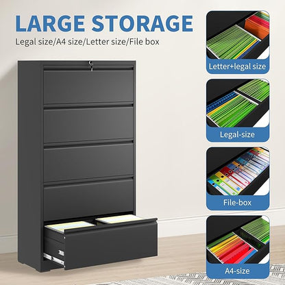 File Cabinets 5 Drawer,Metal Office Storage Filing Cabinet with Lock,White Lateral Filing Cabinet for Home Office,Horizontal Locking File Cabinet for Legal/Letter/A4,Assembly Require,Black