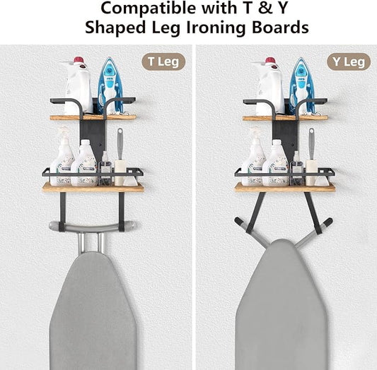 VINAEMO Ironing Board Hanger Wall Mount, 2-Layer Iron and Ironing Board Holder, Laundry Room Shelves Solid Wood with Removable Hooks Home Organization and Storage