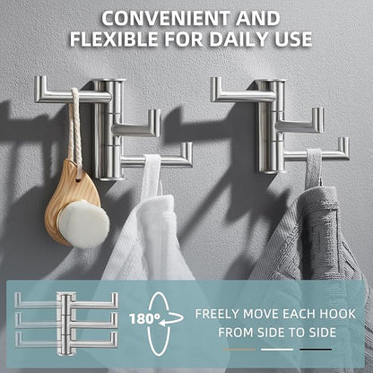 Angle Simple Swivel Towel Hooks, SUS 304 Stainless Steel Foldable Robe Hand Towel Holder for Bathroom Kitchen Wall, Brushed Nickel, 2 Pack