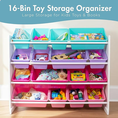 Humble Crew Supersized Toy Storage Organizer with 16 Removable Bins, White/Blue/Pink/Purple – Large Toy Storage for Toddlers Ideal for Kids' Rooms, Playrooms, and Nurseries - Modern Toy Bins for Kids