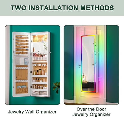 HNEBC LED Mirror Jewelry Cabinet with RGB Lights,47.2" Wall Mounted Jewelry Organizer with Full-Length Mirror,Over The Door Hanging Jewelry Armoire Storage Cabinet,Folding Dresser,2 Drawers,Lockable