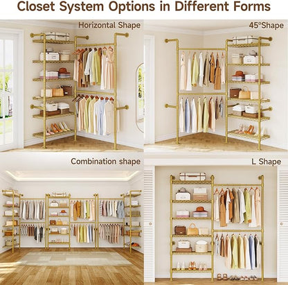 ONBRILL H2 Wall Mounted Clothing Rack, Expandable Industrial Pipe Clothes Rack Garment Racks for Hanging Clothes, Heavy Duty Closet Organizers and Storage in Closet System, Gold