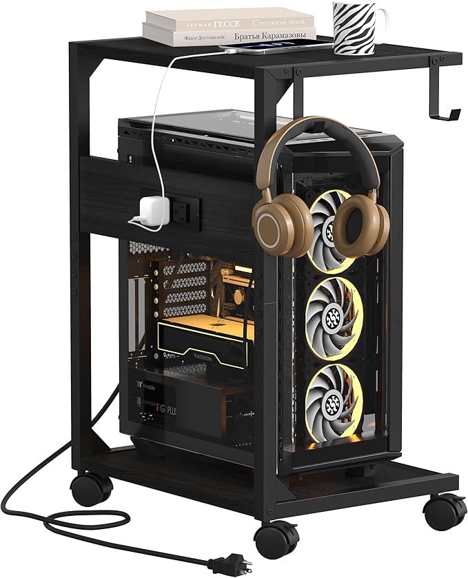 2 Tier Computer Tower Stand with Charging Station, 11.8" D x 16.5" W Rolling Floor PC Tower Stand Fits Under Desk, CPU Holder Cart for Carpet with Hooks, Home Office