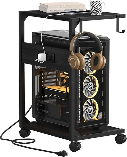 2 Tier Computer Tower Stand with Charging Station, 11.8" D x 16.5" W Rolling Floor PC Tower Stand Fits Under Desk, CPU Holder Cart for Carpet with Hooks, Home Office