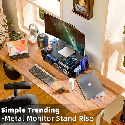 Simple Trending Desk Organizer and Accessories, 2 Tier Computer Metal Monitor Stand Riser with Drawer and Pen Holder for Laptop, Computer, iMac, Black