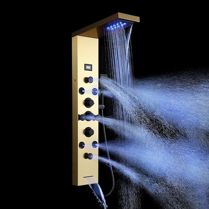 POPFLY LED Rainfall Waterfall Shower Panel Tower System, 4 Body Jets and 4 Mist Spray, 3-Function Handheld Shower, Stainless Steel Shower Tower with Temp Display, Brushed Gold