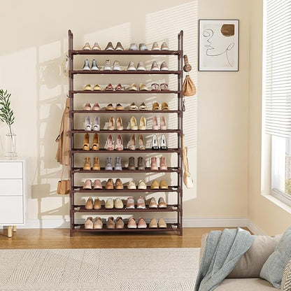 Tall Shoe Rack 10 Tier Shoe Organizer Large Shoe Shelf with 18 Hooks Storage for 50 Pair Sneaker and Boot, Stackable Vertical Shoe Rack Organizer for Closet, Entryway, Bedroom, Brown