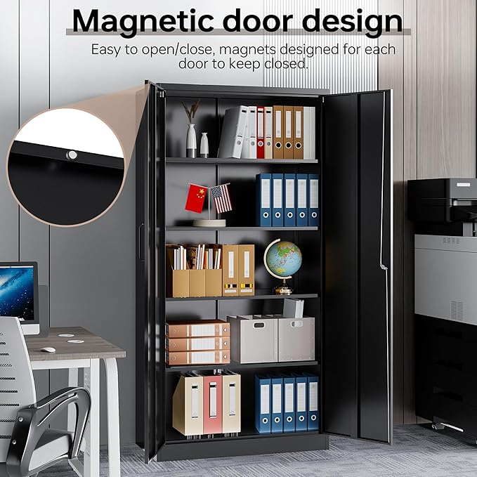 Metal Garage Cabinets, 72" Tall Locking Storage Cabinet with 2 Doors and 5 Adjustable Shelves, Steel Utility Tool Caninet, Black Lockable Outdoor Storage Cabnet for Pantry, Garage, Home Office