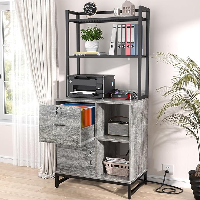Homieasy Vertical Filing Cabinet with Bookshelf for Home Office, File Cabinet with Shelves, Lock & Charging Station, Drawer Office File Cabinets with Printer Stand, fits Letter Size, Light Oak