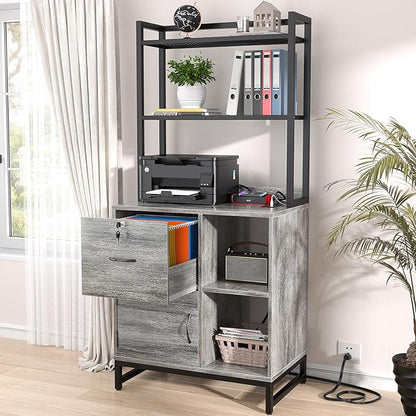 Homieasy Vertical Filing Cabinet with Bookshelf for Home Office, File Cabinet with Shelves, Lock & Charging Station, Drawer Office File Cabinets with Printer Stand, fits Letter Size, Light Oak