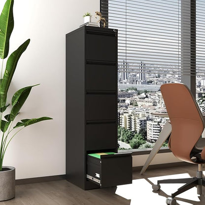 5 Drawer File Cabinet, Vertical File Cabinets with Lock for Home Office,Heavy Duty Office Steel Filing Cabinet for Hanging Letters/Legal/A4, Assembly Required (Black)