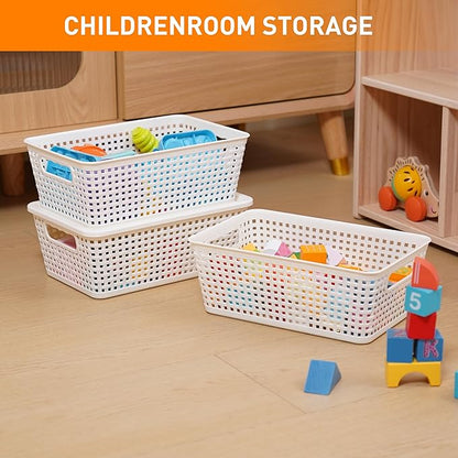 Plastic Storage Baskets With Lid, Storage Bins for Organizing, Stackable Decorative Containers for Shelves Drawers Desktop Closet Playroom Classroom Office, 8 Pack-White