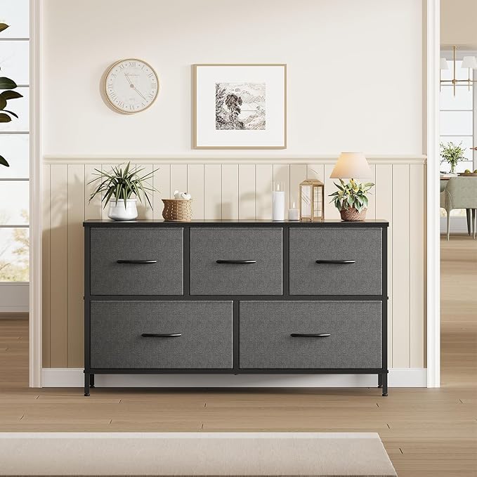 Sweetcrispy Dresser for Bedroom with 5 Storage Drawers, Fabric Storage Tower Organizer, Chest of Drawers with Metal Frame Wooden Top for Closet, Living Room, Entryway, Grey