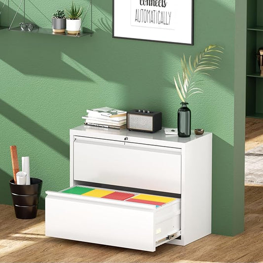 Greenvelly 2 Drawer Filing Cabinet, White Lateral File Cabinet with Lock, Metal File Cabinets with Adjustable Hanging Bars&2 Keys, Locking File Cabinet for Home Office, Legal/F4/Letter, Etc