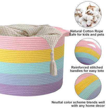 65L Large Blanket Basket,19.7" L x 19.7" W x 13" H Rope Woven Baskets with Handles, Toys Storage Bins,Laundry Basket Perfect for Living Room, Nursery,Bedroom,Home Organization,Colorful
