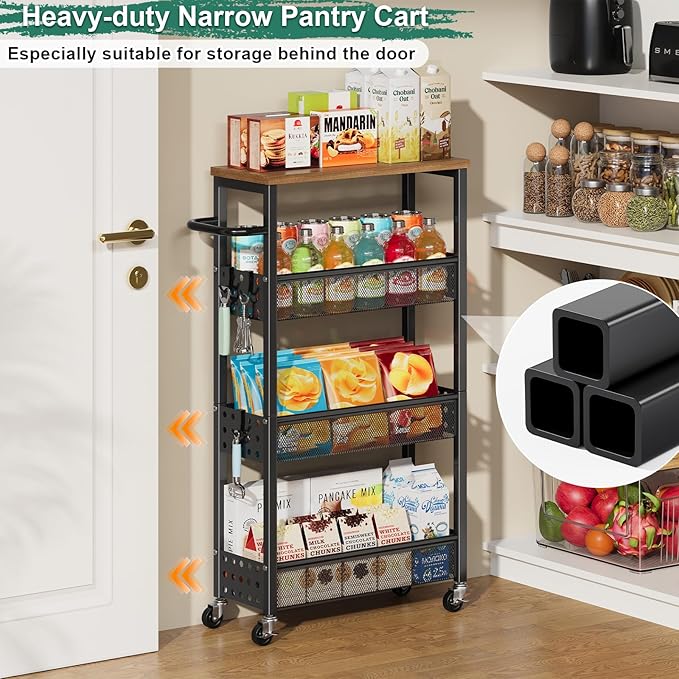 Utility Slim Storage Cart, Skinny Rolling Spice Rack with Table Top, Small Laundry Organizers and Storage Shelves for Between Washer and Dryer, Thin Shelf for Narrow Spaces, 4 Tier Bathroom Cabinet