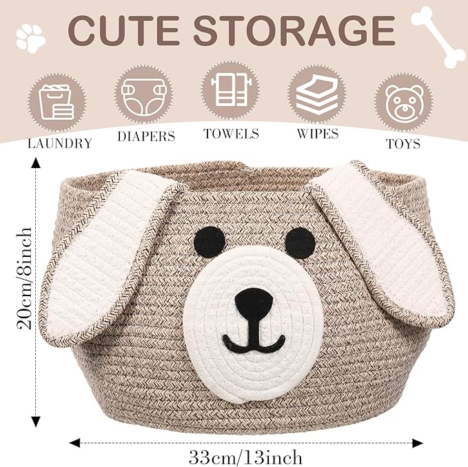 Zopeal Dog Woven Basket Cute Woven Cotton Rope Puppy Animal Storage Basket for Laundry Toy Gift(Brown, White,13 x 8 Inch)