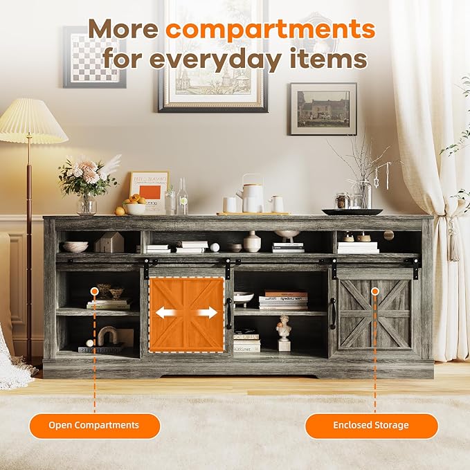 Garvee TV Stand Table for 75 in Television, Media Console Table with Open Storage, Power Outlets, Barn Doors, Entertainment Center with Adjustable Shelves for Home & Office, 66 in Width, Oak