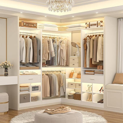Unikito 86" Corner Closet System, Modular Closets Organizer with 4 Hanging Rods and 2 Drawers, Freestanding Adjustable Wood Clothes Garment Rack with Storage Shelves, White