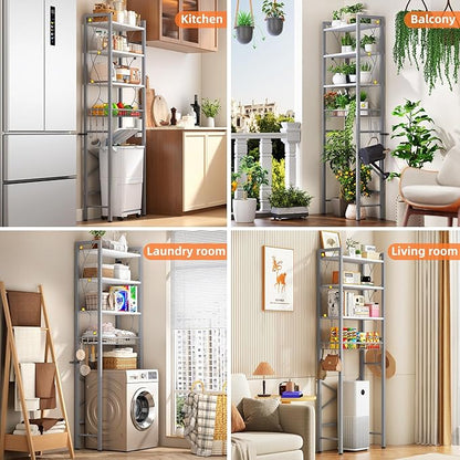 Over-The-Toilet Storage Rack, 4-Tier Bathroom Organizer Shelf Over Toilet with Adjustable Shelf and Basket, Freestanding Space Saver Bathroom Shelves Above Toilet for Room (Gray White)