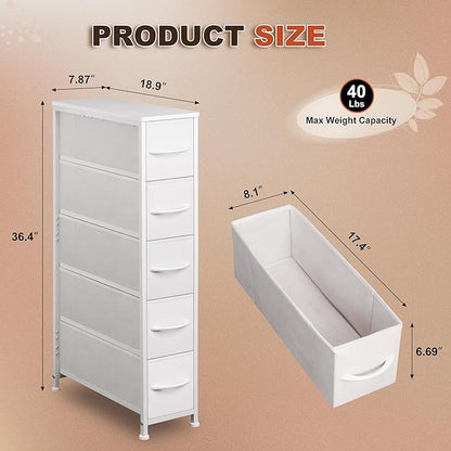 Narrow Dresser Storage Tower with 5 Drawers, Slim Dresser Chest of Drawers with Steel Frame, Wood Top, Dresser for Bedroom, Bathroom, Small Spaces, Laundry, Closet, White