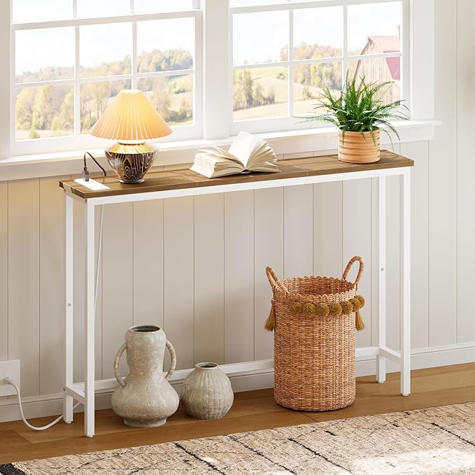 HOOBRO Narrow Console Table with Power Outlets, 44.9 Inches Sofa Table, Slim Behind Couch Table, Entryway Table with Display Shelf, for Living Room, Foyer, Hallway, Walnut and White WH114UXG01